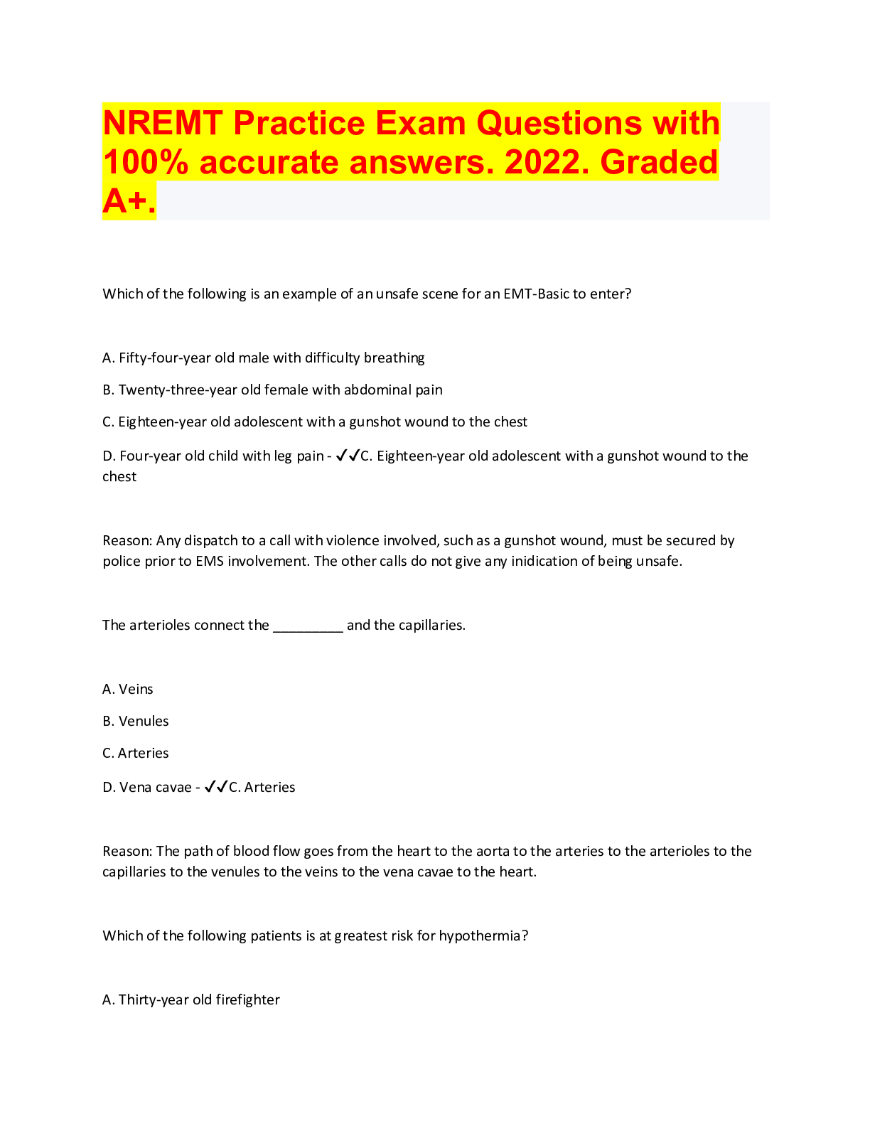 NREMT Practice Exam Questions with 100 accurate answers. 2022. Graded